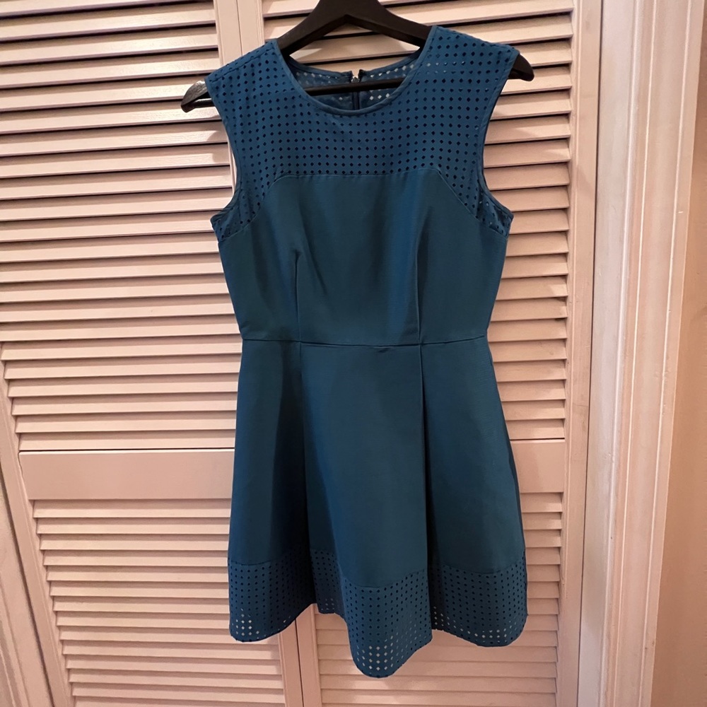 J. Crew Perforated Mesh A Line Pleated Blue Dress